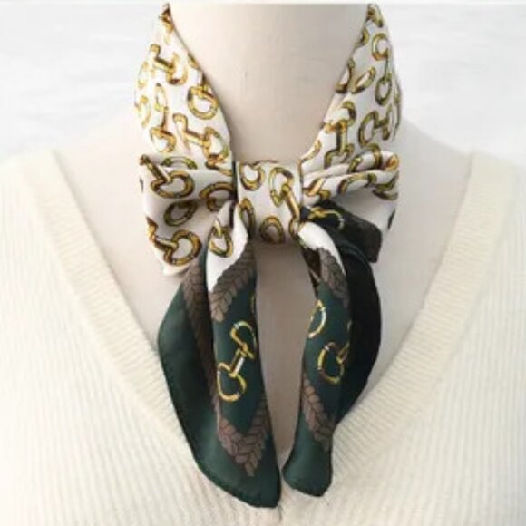2/$30 Chain Pattern Square Silky Scarf Green & White Head Neck Tie Bag Decor - Picture 5 of 6
